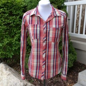 Roxy Red Cream Blue Plaid Shirt Small